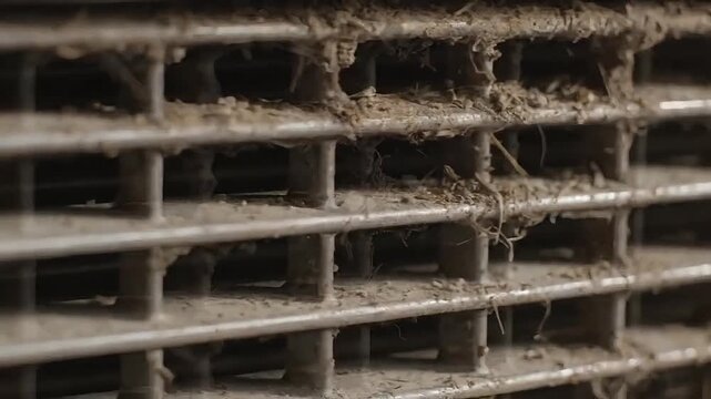 Macro view of a dusty air vent, showing accumulated dirt and debris clogging the grille, highlighting air quality concerns