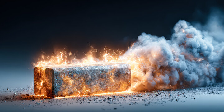 A striking depiction of a lithium battery igniting, showcasing flames and smoke. This image highlights the dangers associated with lithium batteries.
