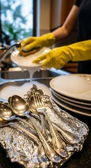 Washing dishes with yellow gloves in the kitchen sink.