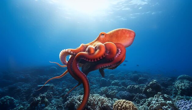Underwater scene of orange octopus swimming in ocean