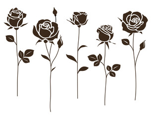 Set of decorative rose with long stem and leaves isolated on white. Flower silhouette icon. Vector illustration	
