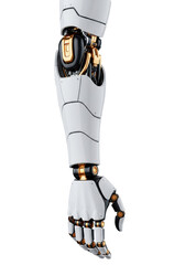 highly detailed bionic robotic forearm and hand, white ceramic plating, gold and black mechanisms, isolated on high-key white background with copy space. concept of human-machine perfection