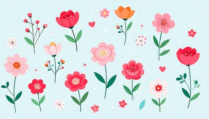 A delightful array of stylized floral illustrations, featuring various flower types, stems, leaves, and hearts on a light blue backdrop