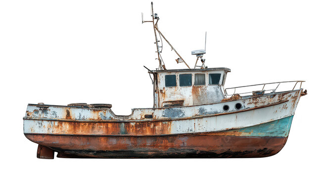 An abandoned fishing boat. weathered and rusted. sits on a white background. highlighting its deteriorating structure. ideal for maritime-themed projects or art
