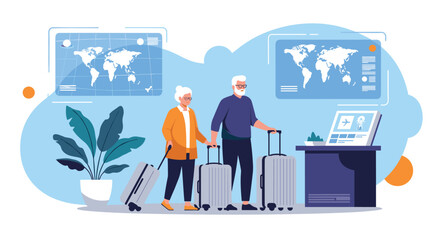Senior couple with luggage standing at airport check-in, ready to travel the world, with global maps displayed in the background.