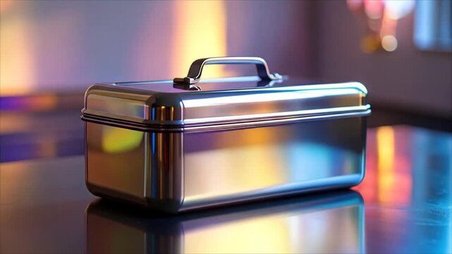 Shiny metal toolbox with handle reflecting colorful ambient light on reflective surface in studio
