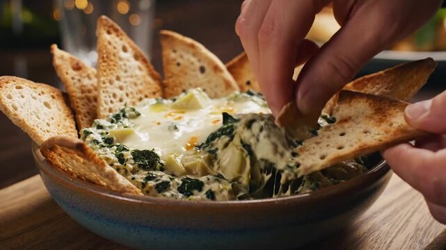 A close-up of a hand dipping a crispy breadstick into a creamy spinach and artichoke dip served in a rustic bowl, with a cozy restaurant ambiance in the background