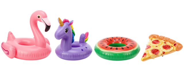 Photograph of four inflatable toys: pink flamingo, purple unicorn, green watermelon slice, and pizza slice, lined up on.