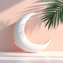 Minimalist Interior Scene Crescent Moon Decor Against Soft Pink Wall With Palm Leaf Shadow Accents