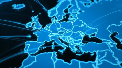 A futuristic digital rendering of the european continent shows glowing blue data lines connecting countries, illustrating global communication and technological networking on a dark background. - Powered by Adobe