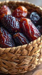 Close up of Rich Dark Medjool Dates Piled in a Rustic Woven Basket with Soft Natural Lighting