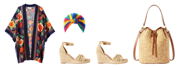 Photograph of a colorful floral cardigan, rainbow headband, two beige woven sandals, and a tan straw tote bag with brown leather straps.