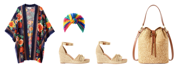 Photograph of a colorful floral cardigan, rainbow headband, two beige woven sandals, and a tan straw tote bag with brown leather straps.