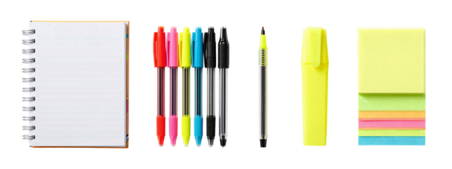 Photograph of a line of office supplies: spiral notebook, red and black pens, black and silver pen, yellow sticky note, colorful sticky note tabs.