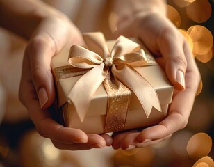 Warm Hands Holding a Golden Gift Box Tied with a Satin Ribbon Against a Soft Bokeh Background with Festive Lights