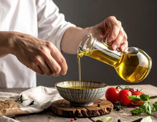 Chef Pours Golden Olive Oil From Glass Bottle Into Decorative Bowl With Tomatoes And Bread On Wooden Table