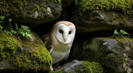 Barn owl with white heart shaped face looking out from natural mossy rock crevice habitat