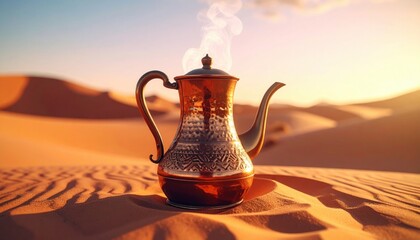Antique Copper Coffee Pot Steaming Warm Beverage Desert Sand Dunes Golden Hour Sunlight