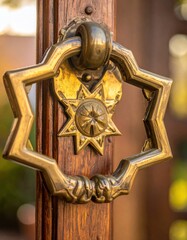 Antique Ornate Brass Door Knocker Star Shaped With Intricate Center Detail Mounted On Wooden Door With Soft Bokeh Background Outdoor Lighting