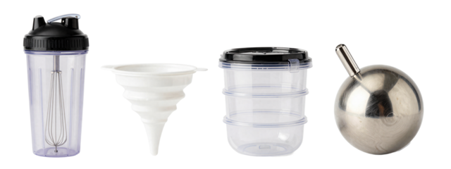 Photograph of four kitchen items: purple water bottle with black lid, white plastic funnel, clear plastic container with black lid, and silver metal bowl with silicone spoon.