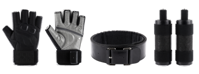 Photograph of four black tactical items: two fingerless gloves, one with gray mesh, one solid; a rolled belt with a buckle; and two cylindrical black devices with textured surfaces.