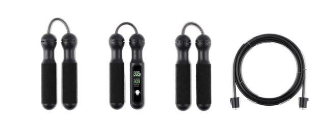 Photograph of four black jump ropes with textured handles, one displaying a green digital timer, and a coiled jump rope on the right.