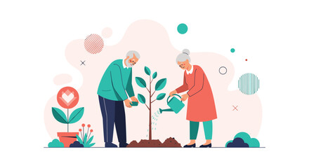 Happy elderly couple collaboratively planting and watering a young tree, symbolizing growth, sustainability, and contributing to nature.