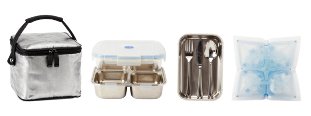 Silver furry backpack, white insulated lunchbox with blue trim, silverware set in clear plastic container, and blue ice pack.