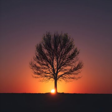 노을 햇살을 받으며 홀로 서 있는 짙은 초록색 분재 나무와 저녁 풍경
A single, dense green bonsai tree standing alone, backlit by the setting sun, and an evening landscape view