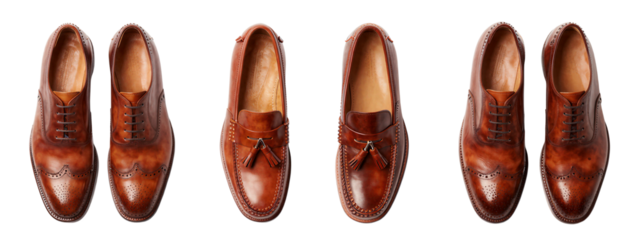 Photograph of five pairs of brown leather brogue shoes, each pair slightly different in shape and lacing style, displayed in a horizontal line.