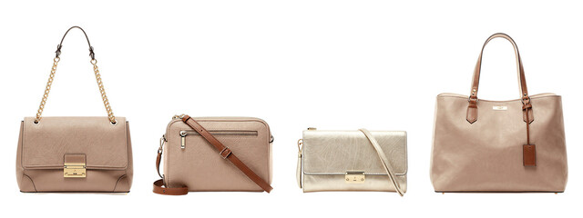 Photograph of four handbags: beige with gold chain, beige with brown strap, silver with brown strap, and beige with brown handles.