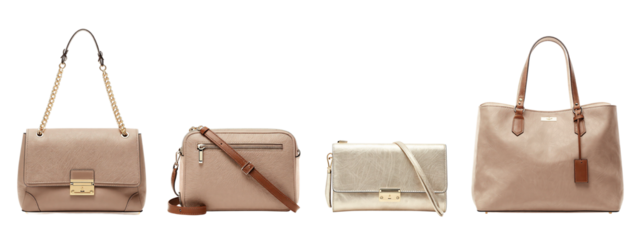 Photograph of four handbags: beige with gold chain, beige with brown strap, silver with brown strap, and beige with brown handles.