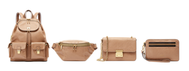 Photograph of four tan leather handbags: backpack with two front pockets and gold clasps, zippered pouch, clasp closure pouch with gold chain, and rectangular clutch with zippered pocket.