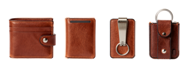 Photograph of four brown leather wallets, each showing different views: closed with button, open with card slot, with metal strap, and with keyring.