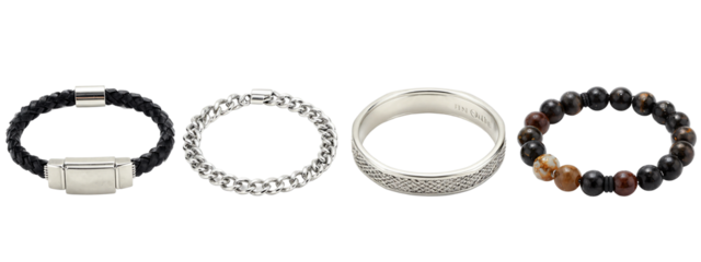 Four bracelets on : black beaded with silver clasp, silver chain link, silver with intricate pattern, mixed brown beads.