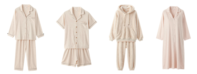 Photograph of four beige pajama outfits, each with different styles: long robe with cuffs, short button-up shirt with skirt, fluffy hoodie with pants, and long robe with side pockets.