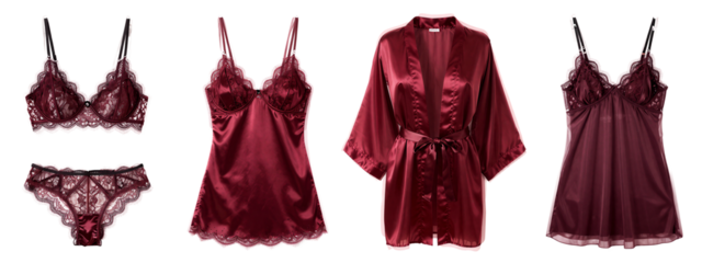 Photograph of five maroon lingerie and robe pieces, including a lace bra, lace panties, a lace-trimmed babydoll, a satin robe, and a lace-trimmed nightgown, arranged horizontally.