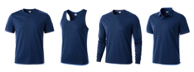 Photograph of four navy blue men's shirts: plain short-sleeve, sleeveless, long-sleeve, and polo. Shirts aligned horizontally. Shirts have subtle texture and slightly rounded edges.