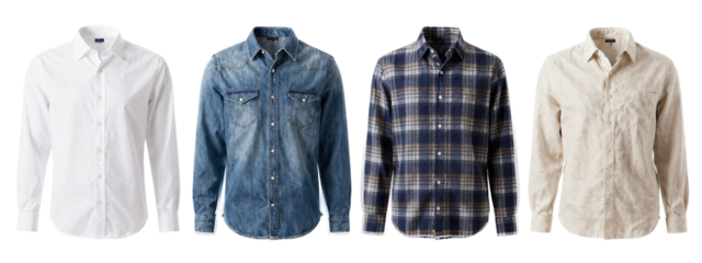 Four men's shirts: white button-up, blue denim with pockets, navy plaid, beige floral, all displayed.