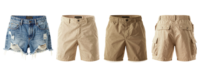 Four pairs of shorts: blue distressed denim with frayed edges, beige plain button-front, beige textured with pockets, and beige cargo-style with multiple pockets.