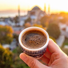 Hand Holding Traditional Turkish Coffee Cup with Istanbul Skyline at Golden Hour Sunset
