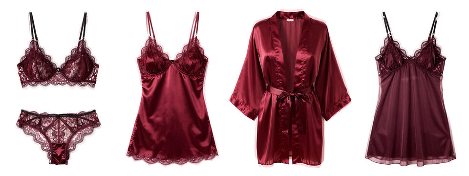 Photograph of five maroon lingerie and robe pieces, including a lace bra, lace panties, a lace-trimmed babydoll, a satin robe, and a lace-trimmed nightgown, arranged horizontally.