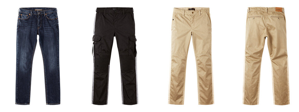Four pairs of pants: dark blue jeans, black cargo pants, beige khakis, tan cargo pants, all laid flat.
