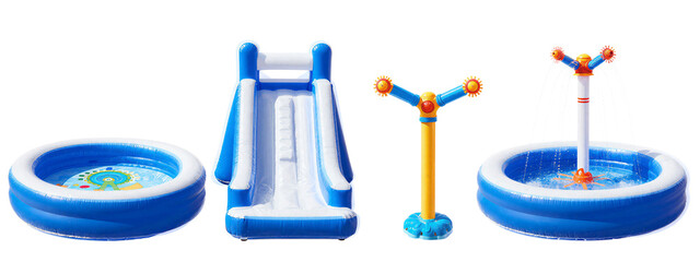 Photograph of three inflatable water play items: a blue and white water slide, a blue and yellow water spinning top, and a blue water splash pad with orange water jets.