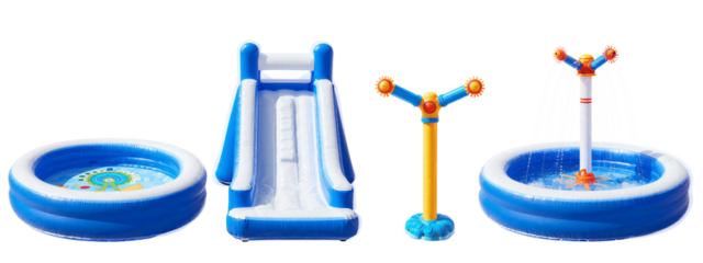 Photograph of three inflatable water play items: a blue and white water slide, a blue and yellow water spinning top, and a blue water splash pad with orange water jets.
