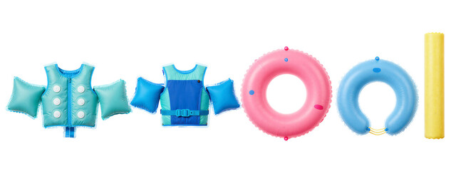 Photograph of four inflatable pool items: two blue life jackets with buttons, one pink ring float, one blue ring float, and one yellow stick.