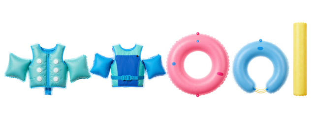 Photograph of four inflatable pool items: two blue life jackets with buttons, one pink ring float, one blue ring float, and one yellow stick.