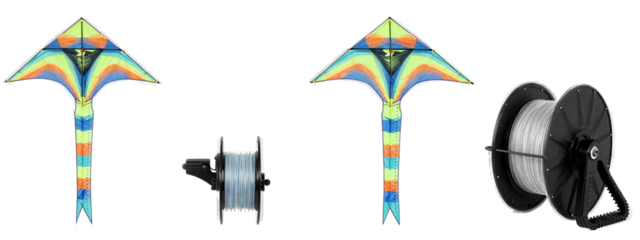 Photograph of a colorful kite with rainbow and orange stripes, black tail, and four views. Includes close-up of kite tail. Right side shows black kite reel with gray string.