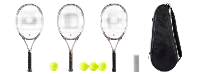 Photograph of four tennis rackets, black and silver frames, with yellow tennis balls in front, and a black tennis bag on the right.