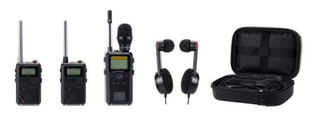 Photograph of four black handheld walkie-talkies, one with a screen and microphone, two with earpieces, and one open case.